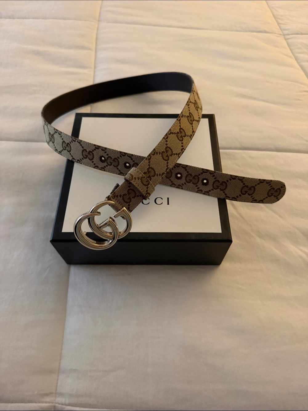 Gucci Brown and Beige GG Monogram Double G Buckle Belt